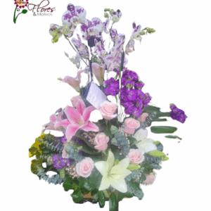 Bello amanecer de Orquídeas con Rosas y Lirios